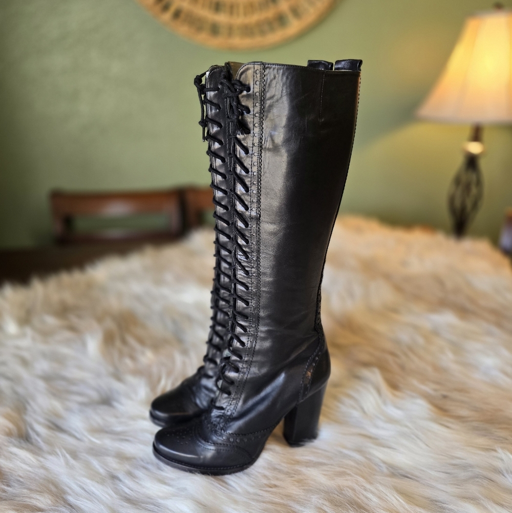 Lace Up Knee High Black Leather  Victorian Boots